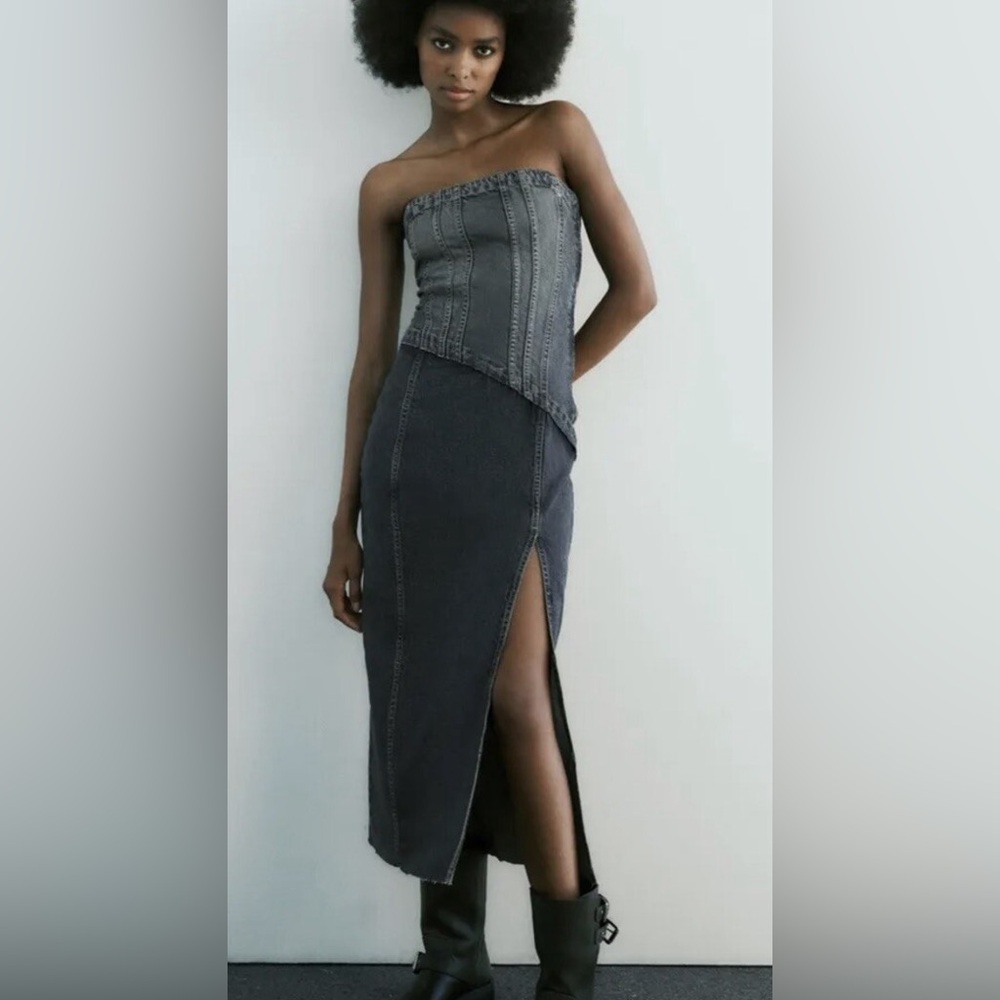 Zara NWT Distressed Navy Denim Strapless Midi Dress w/ Side Slit (Size XS) - Picture 9 of 9